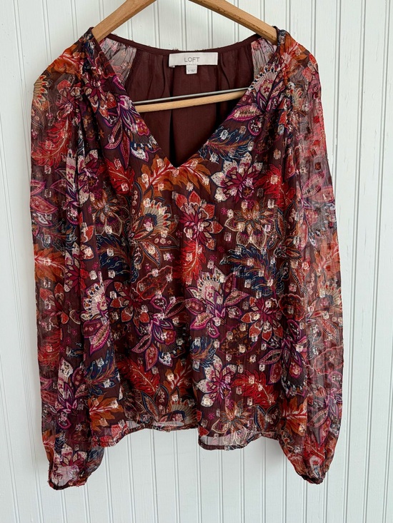LOFT Tops - LOFT Floral Paisley V-Neck Long Sleeve Blouse with Jewel Tones Size S